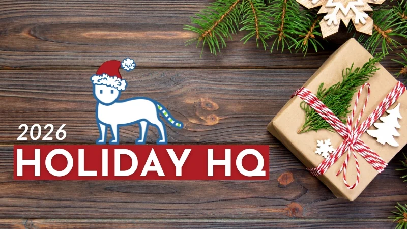 2026 Holiday HQ: CustomCat cat mascot in a Santa hat next to a wrapped holiday gift